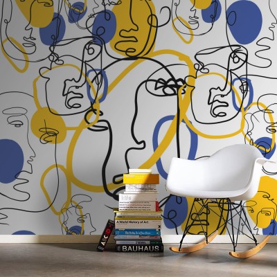 Πρόσωπα με κίτρινο και μπλε, Line Art, Ταπετσαρίες Τοίχου, 100 x 100 εκ. (45368)